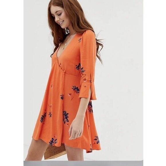 Free People S Mini Dress Surplice Wrap Floral Boho Hippie Peasant Orange Bell - Picture 3 of 8